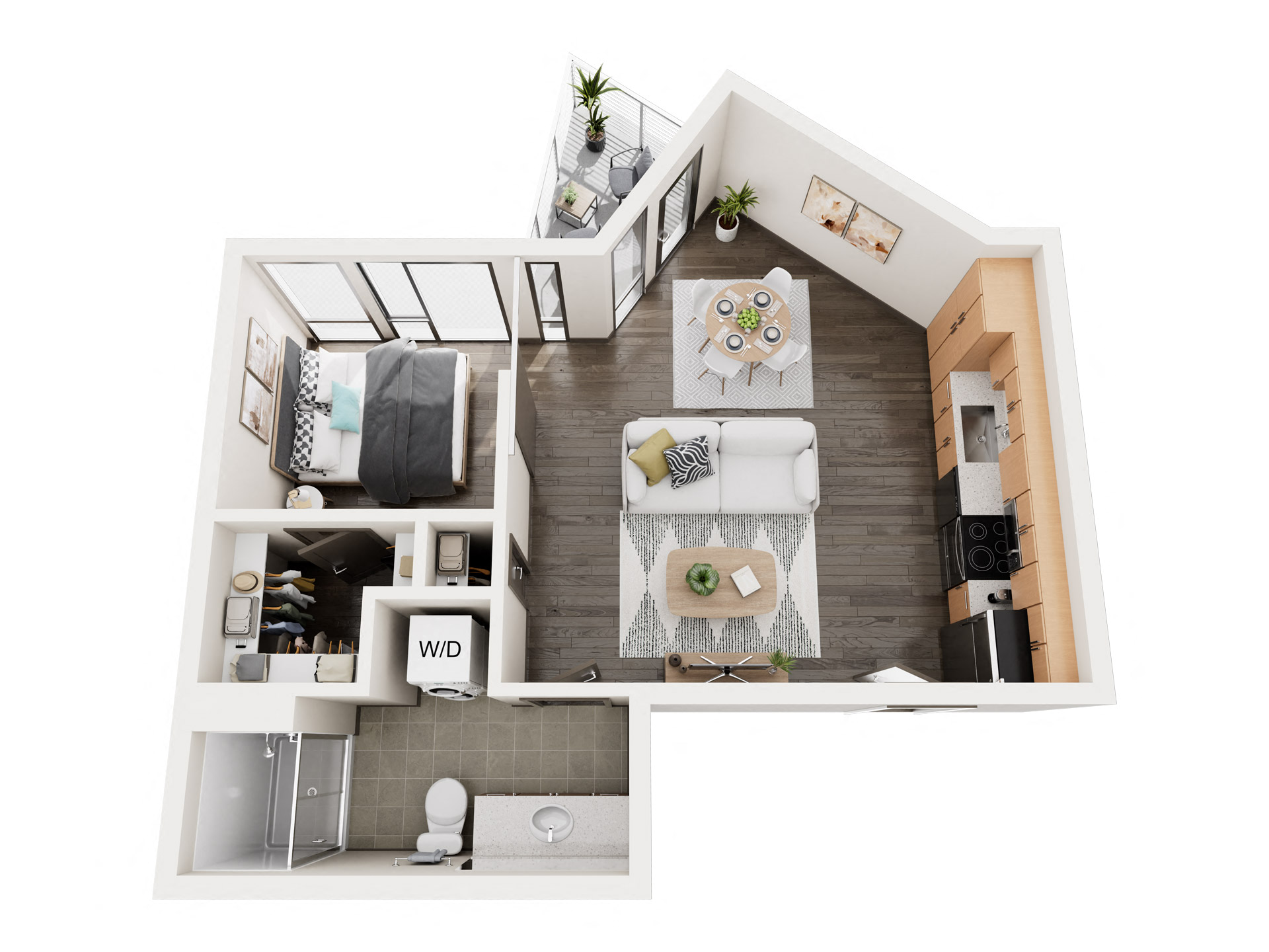 Floor plan for 1 bed, 1 bath, 608 sqft